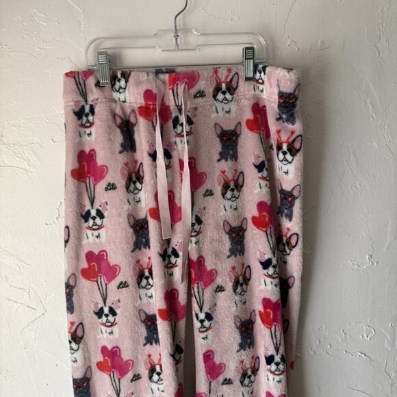 Doggie Drawings Pajama Pants Womens Small Pink French Bulldog Hearts Fleece Cute - Picture 2 of 9